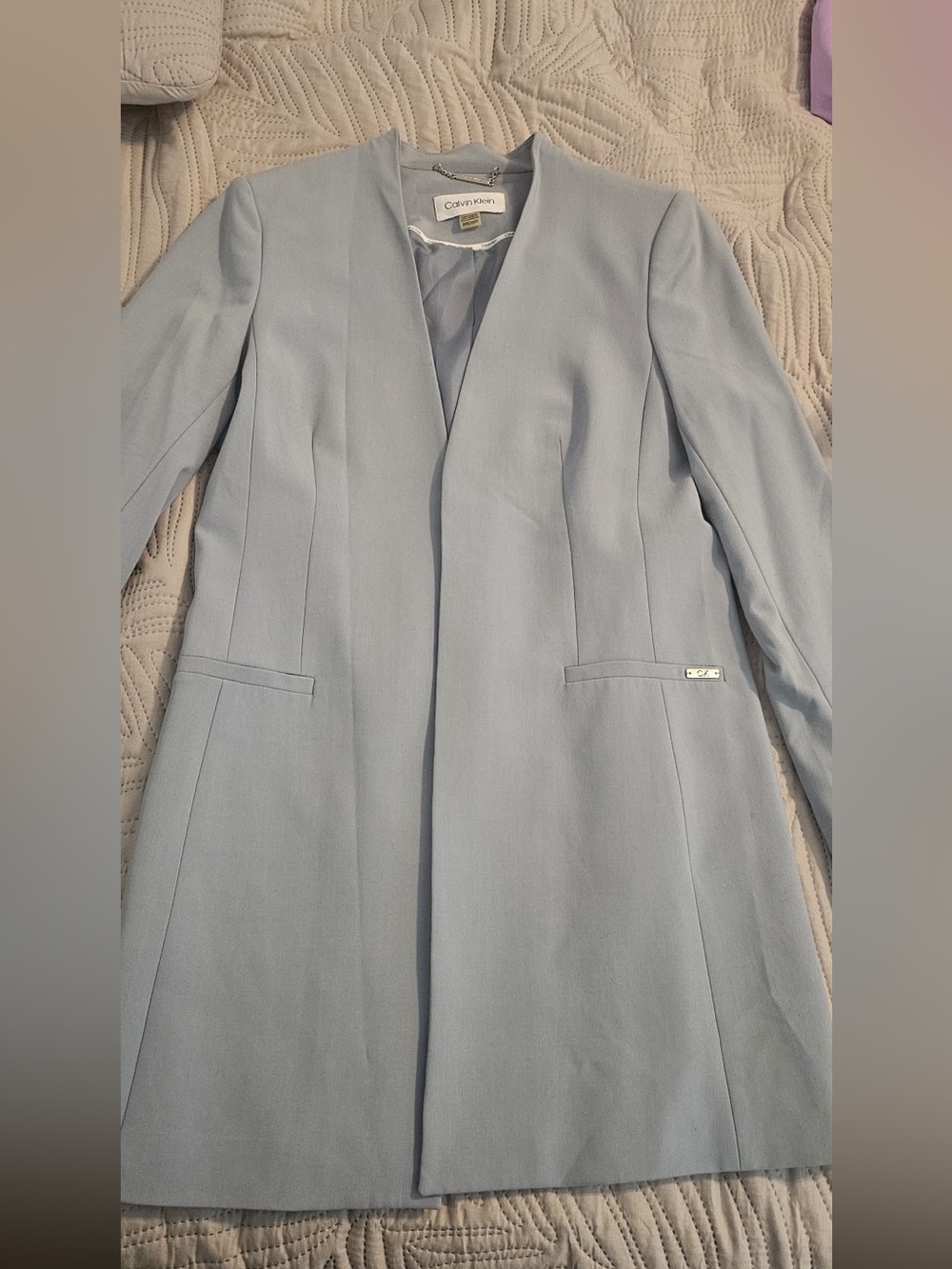 Calvin Klein Pale Blue Collarless Longline Blazer